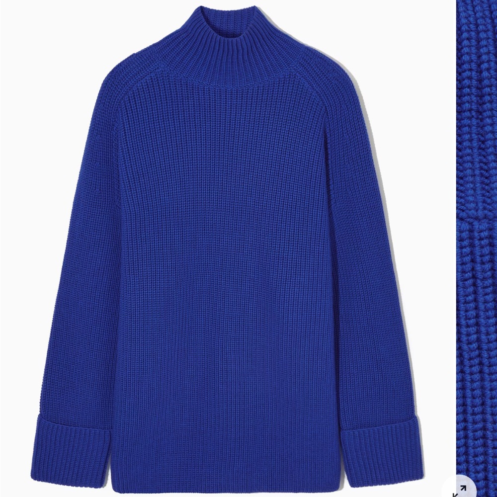 COS oversized Blue Turtleneck Sweater 100% Wool with side slits